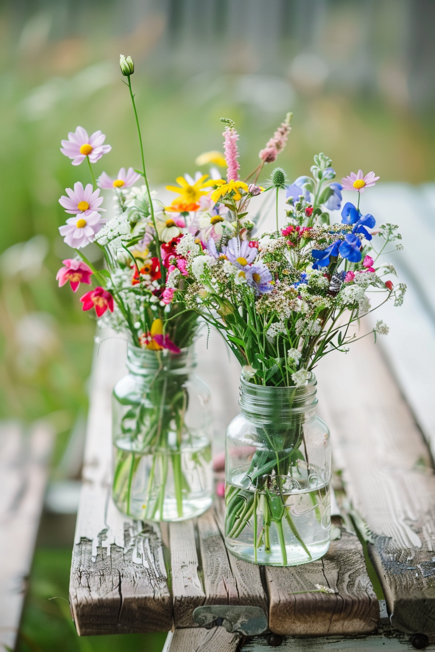 Wedding décor. Mason jars and wildflowers on weathered wooden tables.