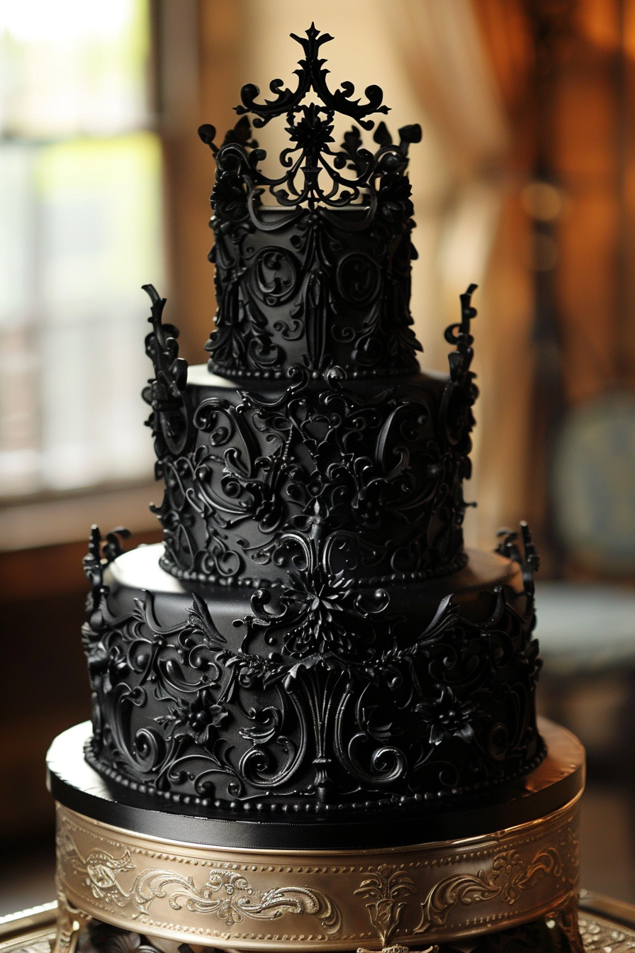 Wedding cake. Dark icing with intricate gothic filigree.