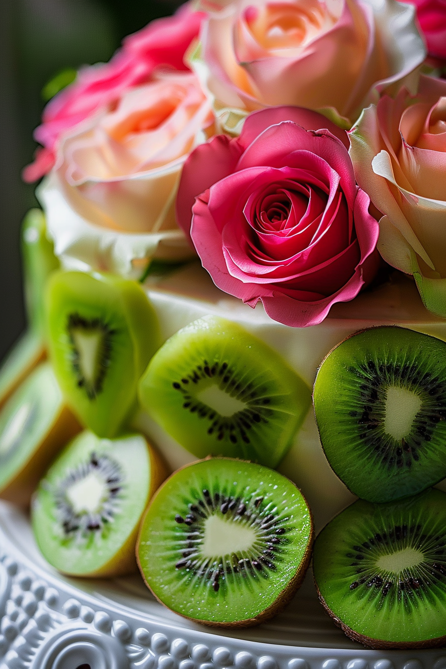 Wedding cake design. Fresh roses and sliced kiwi on white vanilla fondant.