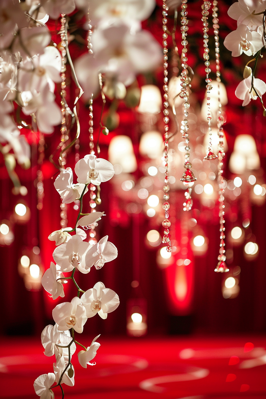 Captured moment. White orchids dropping from crystal chandelier over red velvet-draped dance floor.