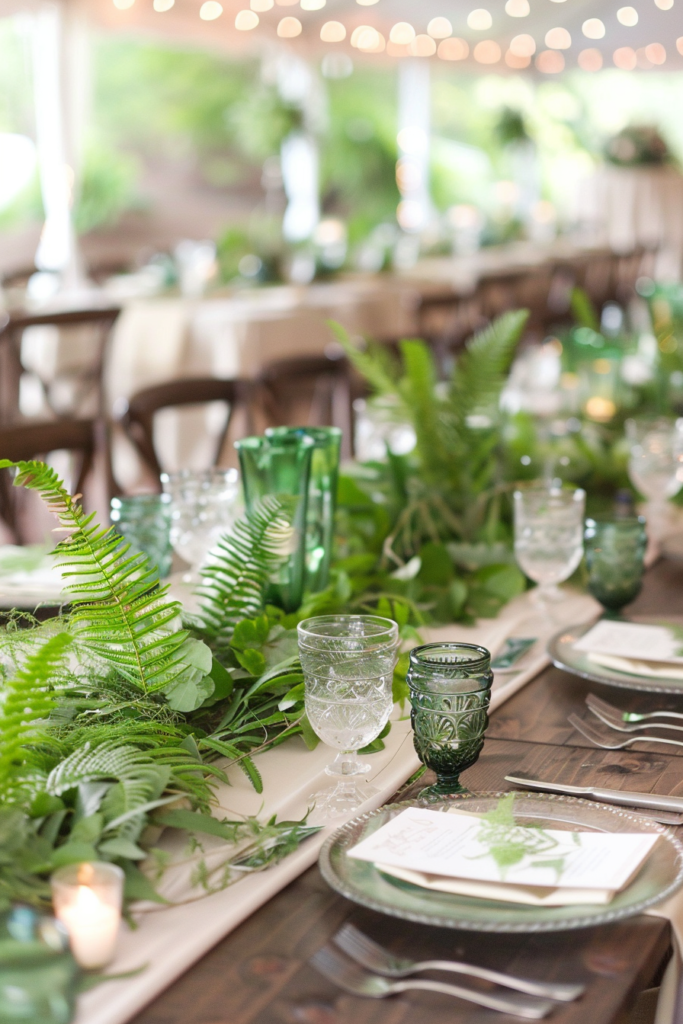 5 Tables with Greenery Runner and Tree Ideas