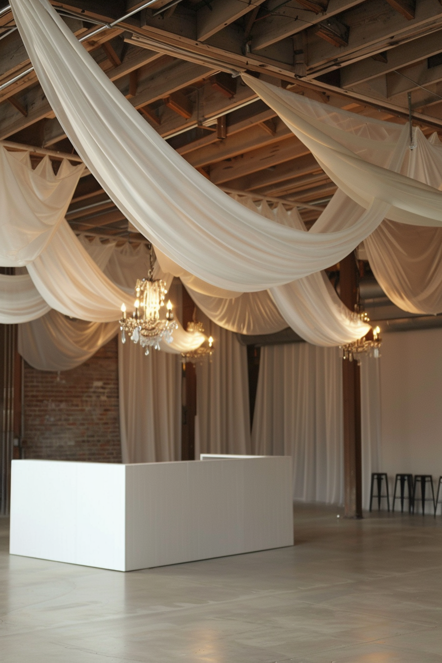 Reception area. White draped fabric covering ceiling beams.