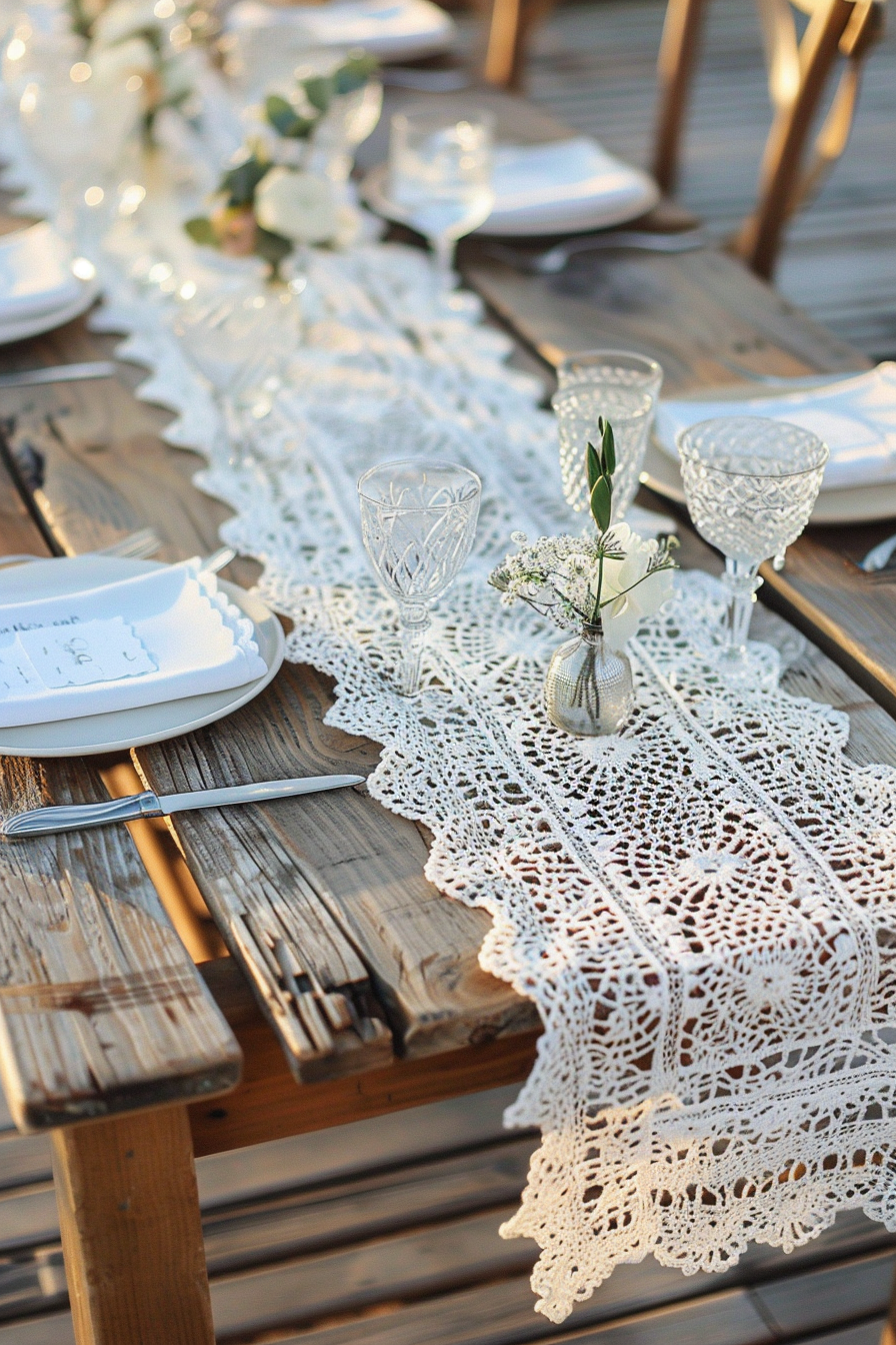 Wedding tablescape. Table runner of crochet lace on rustic wooden table.