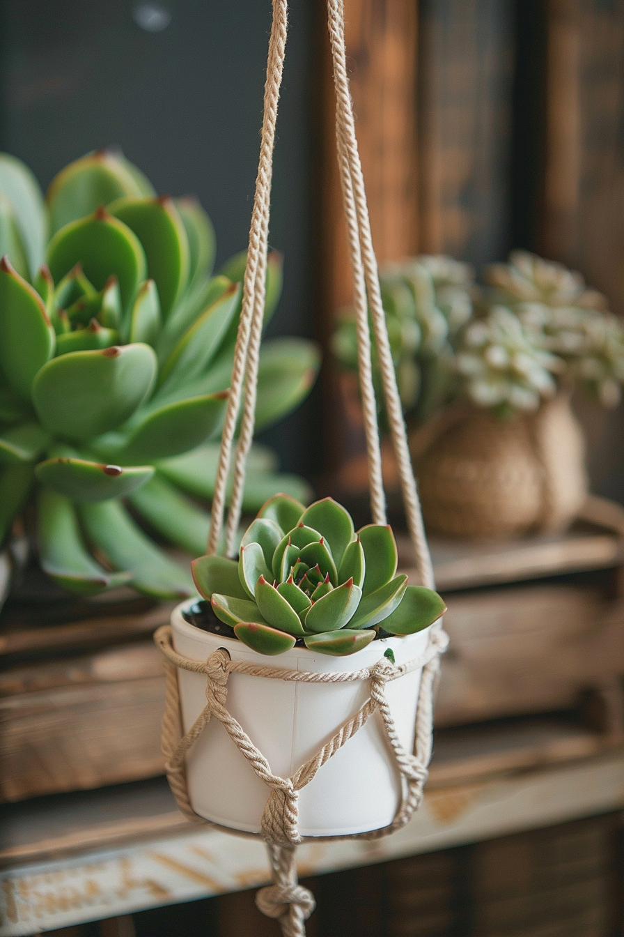 Boho wedding favor. Macramé plant hanger with potted succulent.