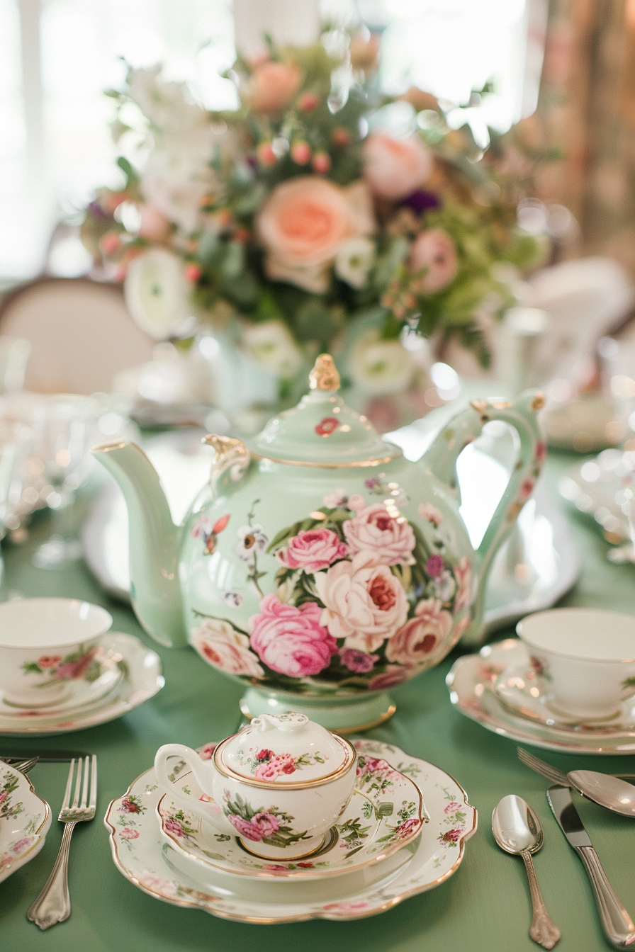 Retro wedding tablescape. Mint green tablecloth with vintage floral teapot centerpiece.