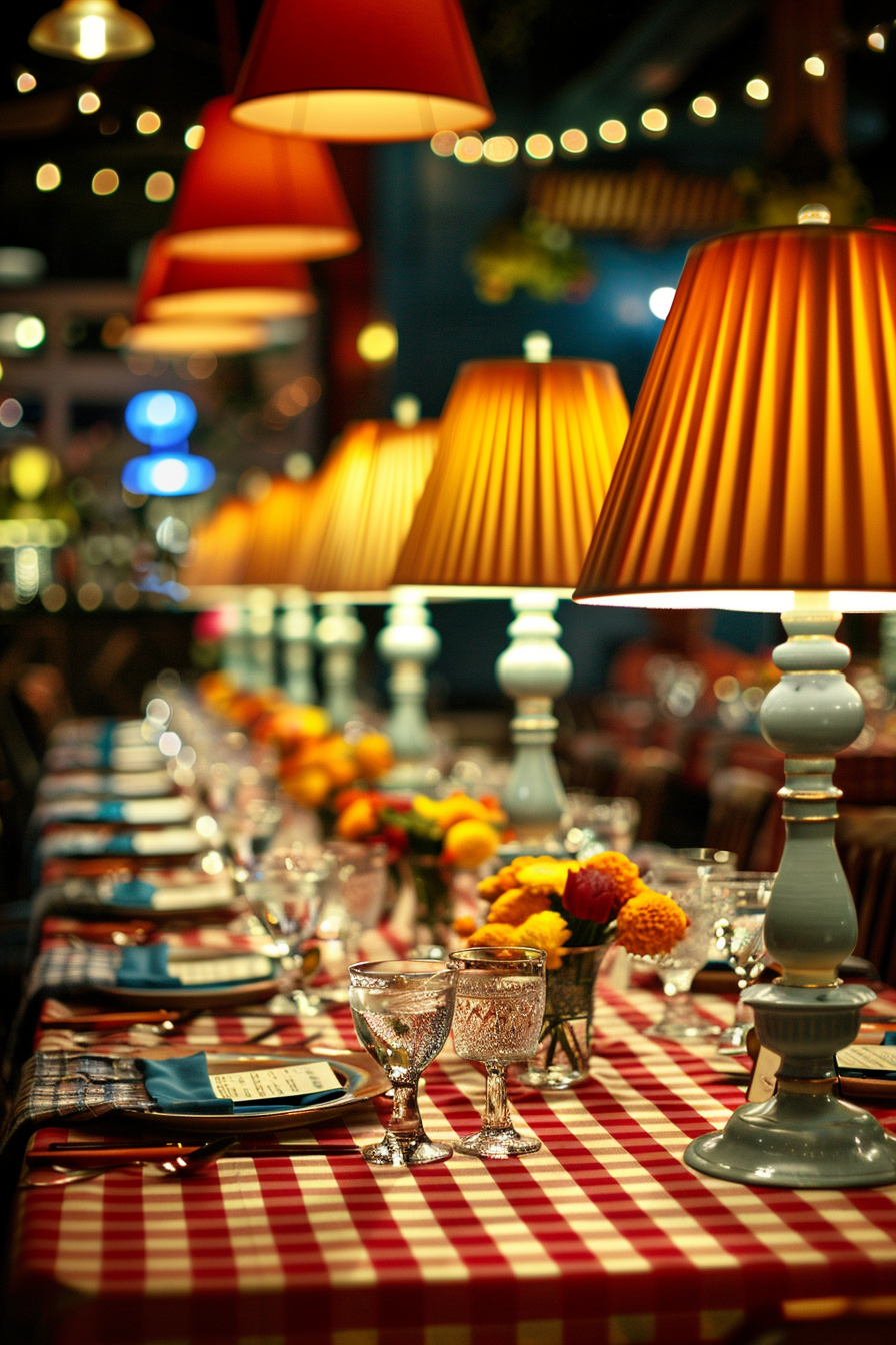 Retro wedding tablescape. Chili red checkered tablecloth and marigold colored retro lamps.