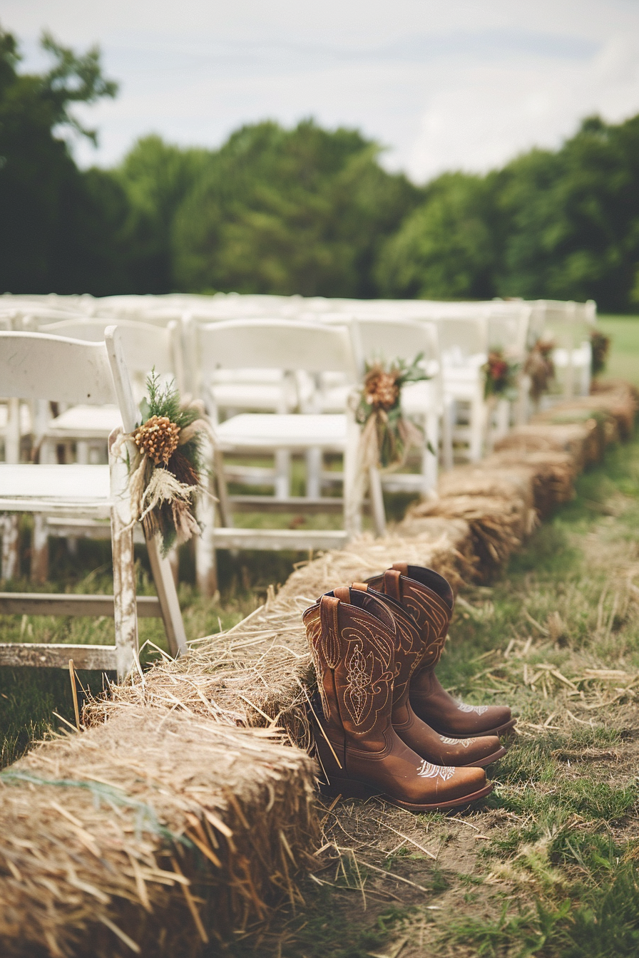 Country wedding ceremony. Cowboy boots and straw bales under daytime canvas.