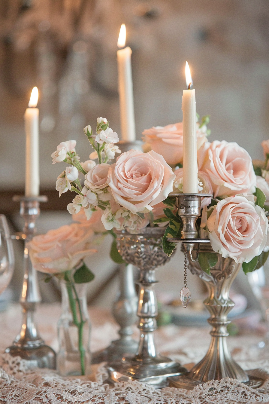 Retro wedding tablescape. Antique silver candelabras with blush roses amidst lace tablecloth.