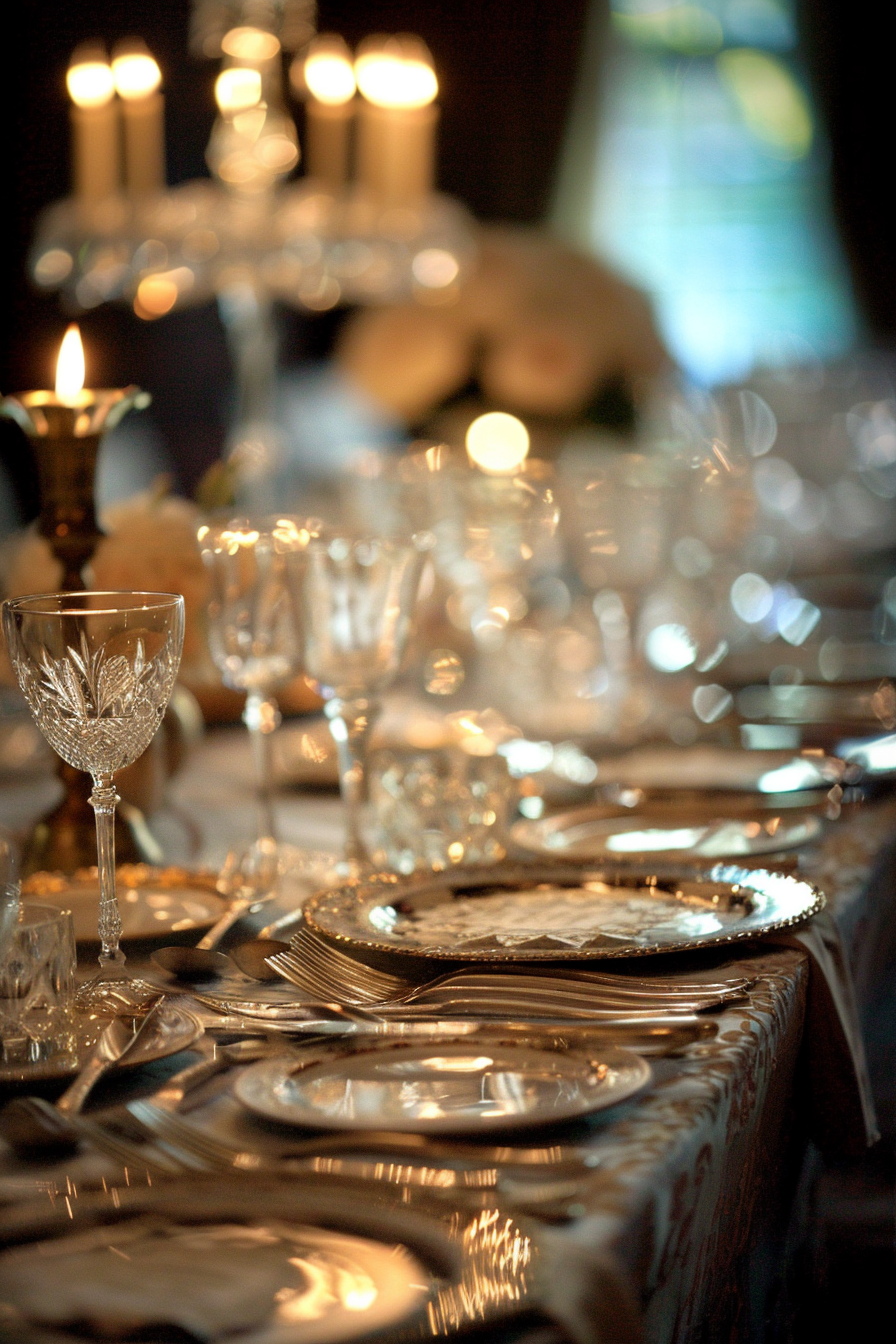 Retro wedding tablescape. Victorian silverware and crystal stemware.