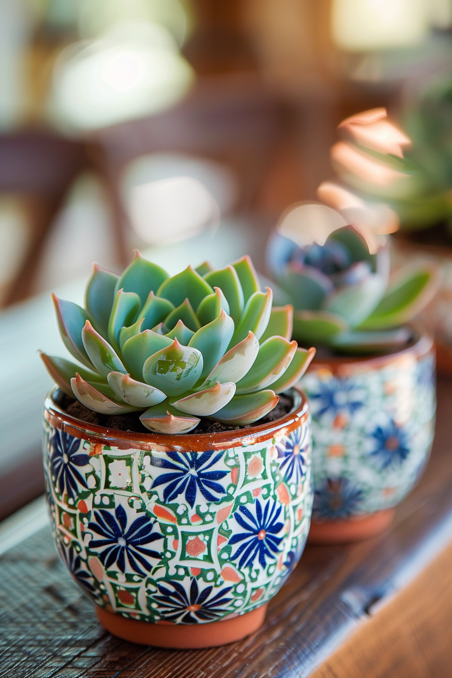 Boho Wedding Favor. Succulent in a mosaic pot.