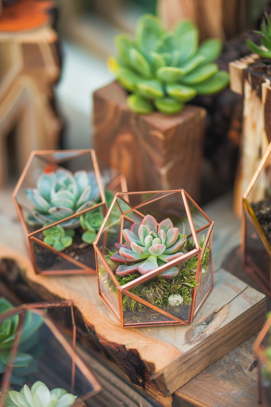 Boho wedding favor. Mini succulents in geometric terrariums.