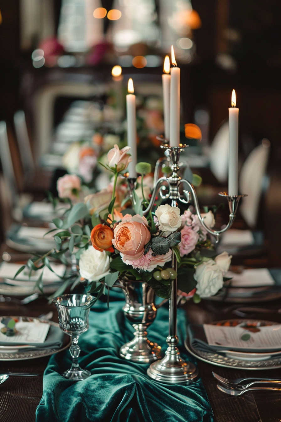 Retro wedding tablescape. Velvet teal runner with a vintage silver candelabra centerpiece.