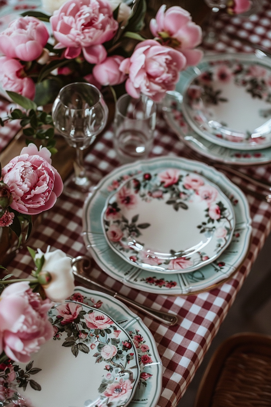 Retro Wedding Tablescape. Art deco plates with blush pink peonies on a gingham tablecloth.