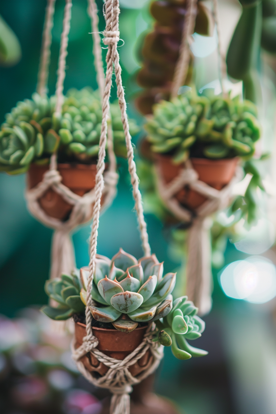 Wedding favor. Mini succulents with macrame hangers.