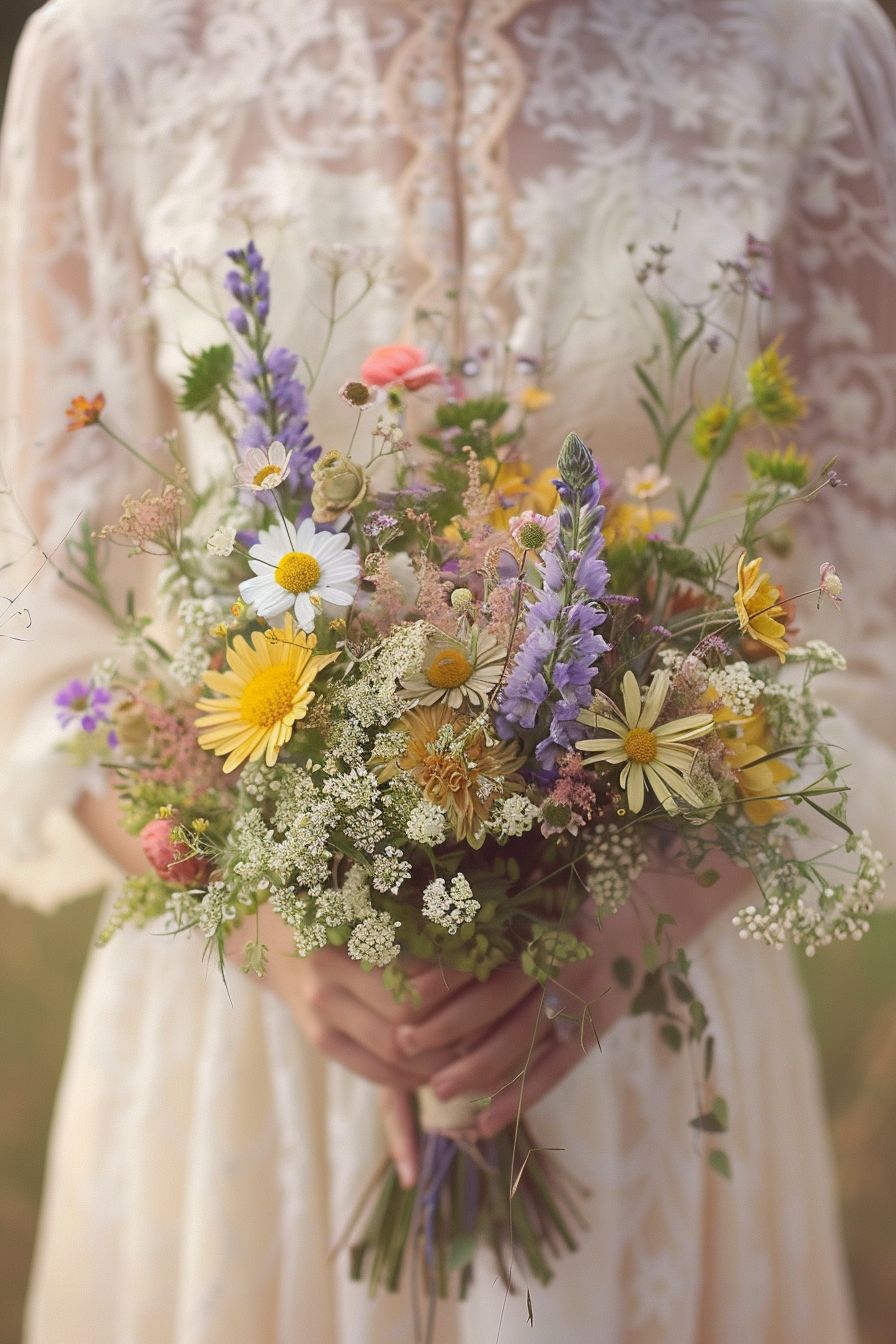 Country wedding ceremony. Wildflower bouquet against a vintage lace gown.