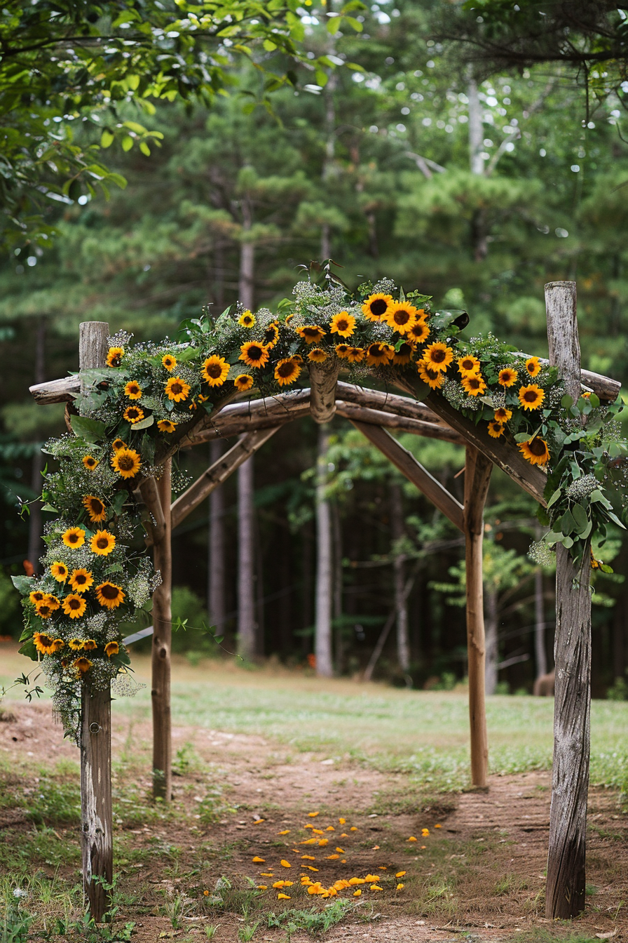 Country wedding ceremony. Wooden archway adorned with sunflowers.