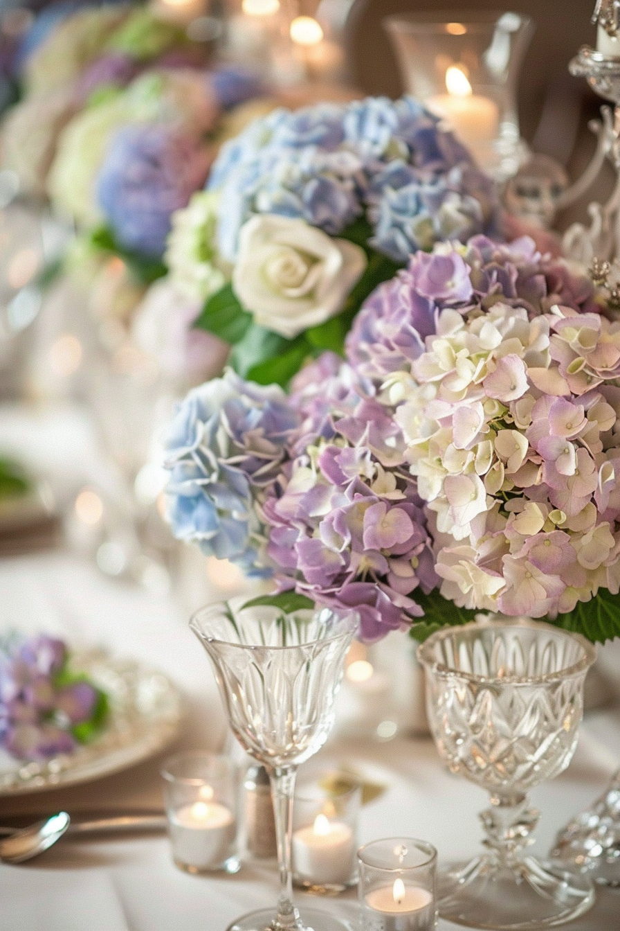 Retro wedding tablescape. Vintage crystal centrepieces highlighted with soft pastel hydrangeas.