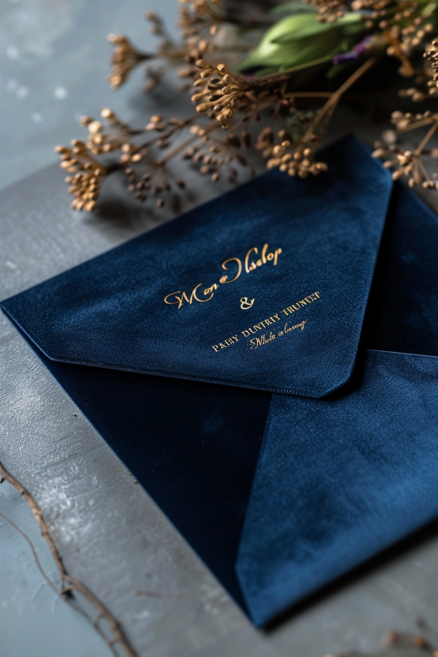 Modern Wedding Invitation. Navy Blue Velvet with Gold Foil Lettering.