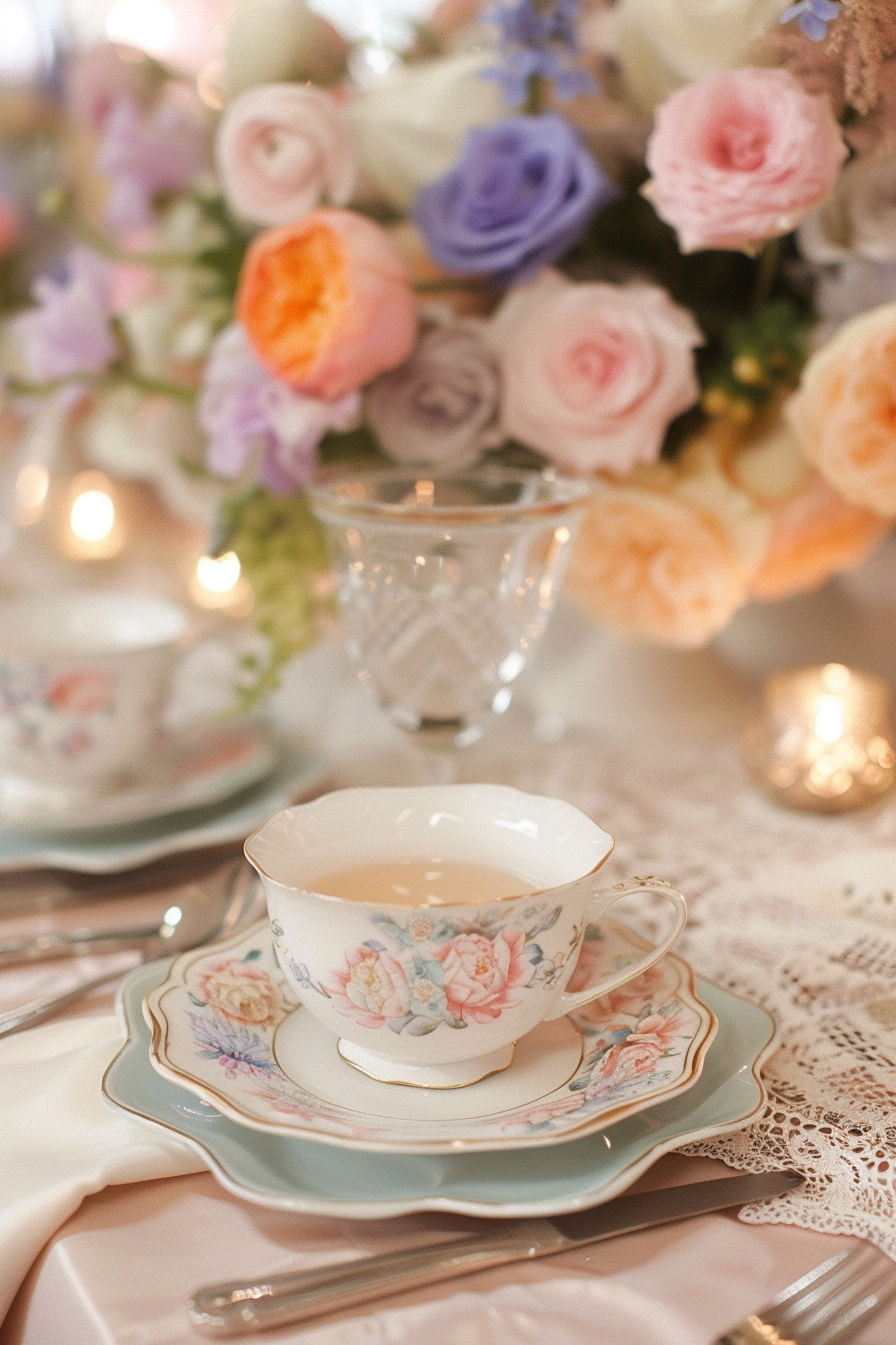 Retro wedding tablescape. Pastel teacup set with floral lace doilies.