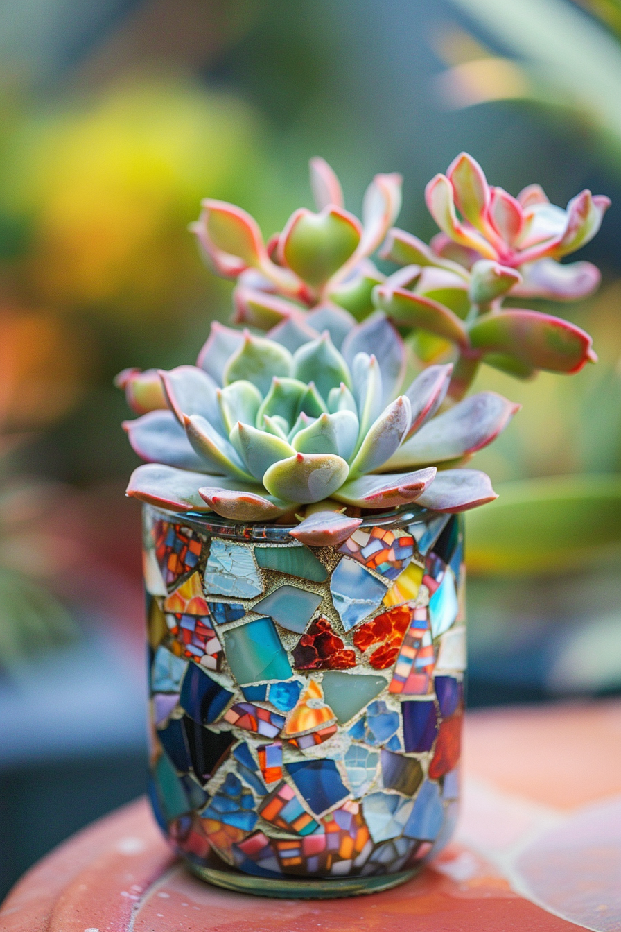 Boho Wedding Favor. Succulents in mosaic glass jar.