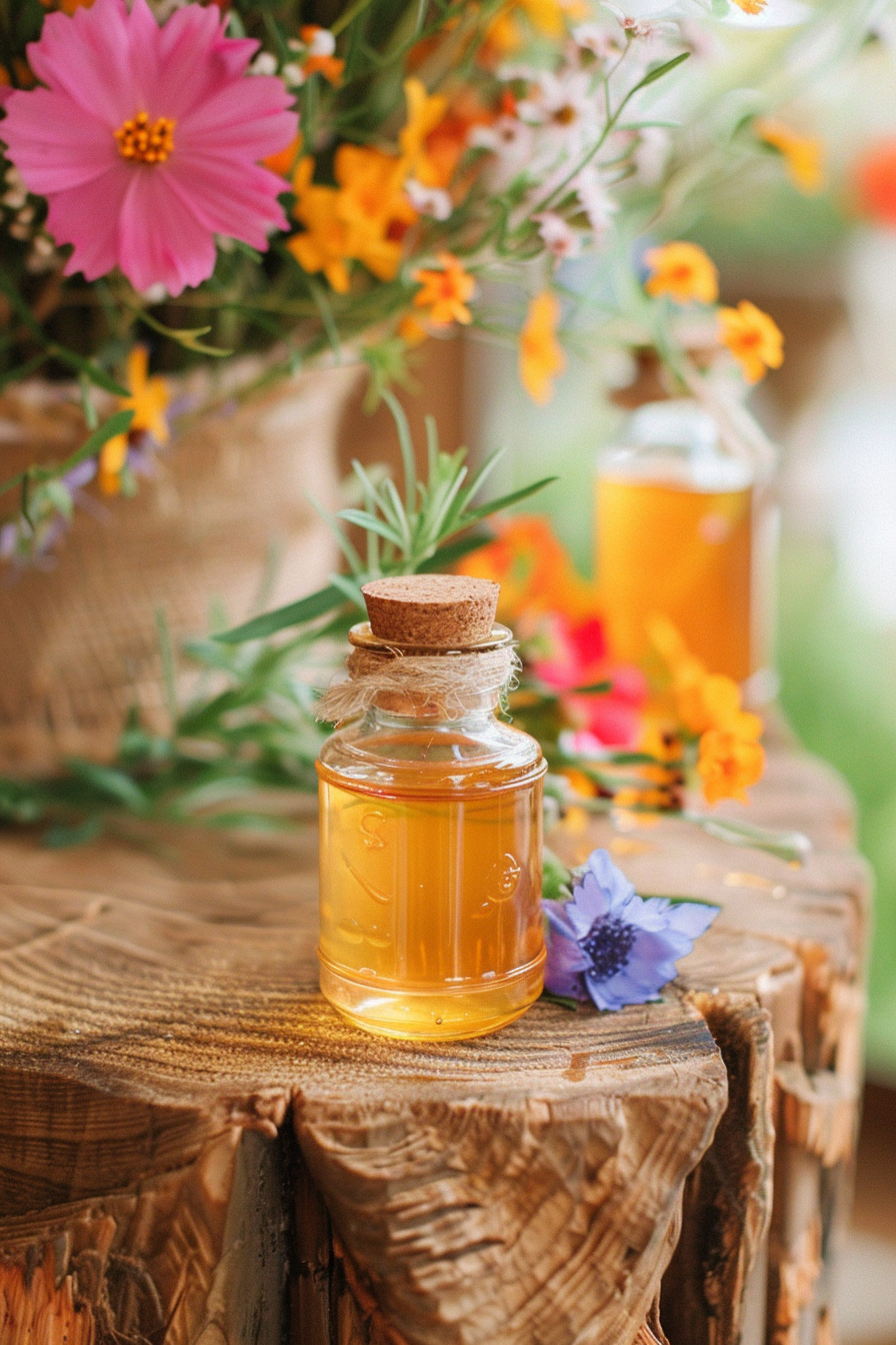 Boho wedding favor. Glass jar filled with wildflower honey.