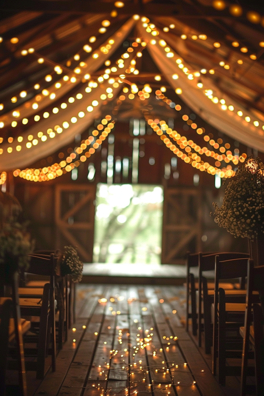 Country Wedding Ceremony. Barn backdrop festooned with gentle twinkling fairy lights.