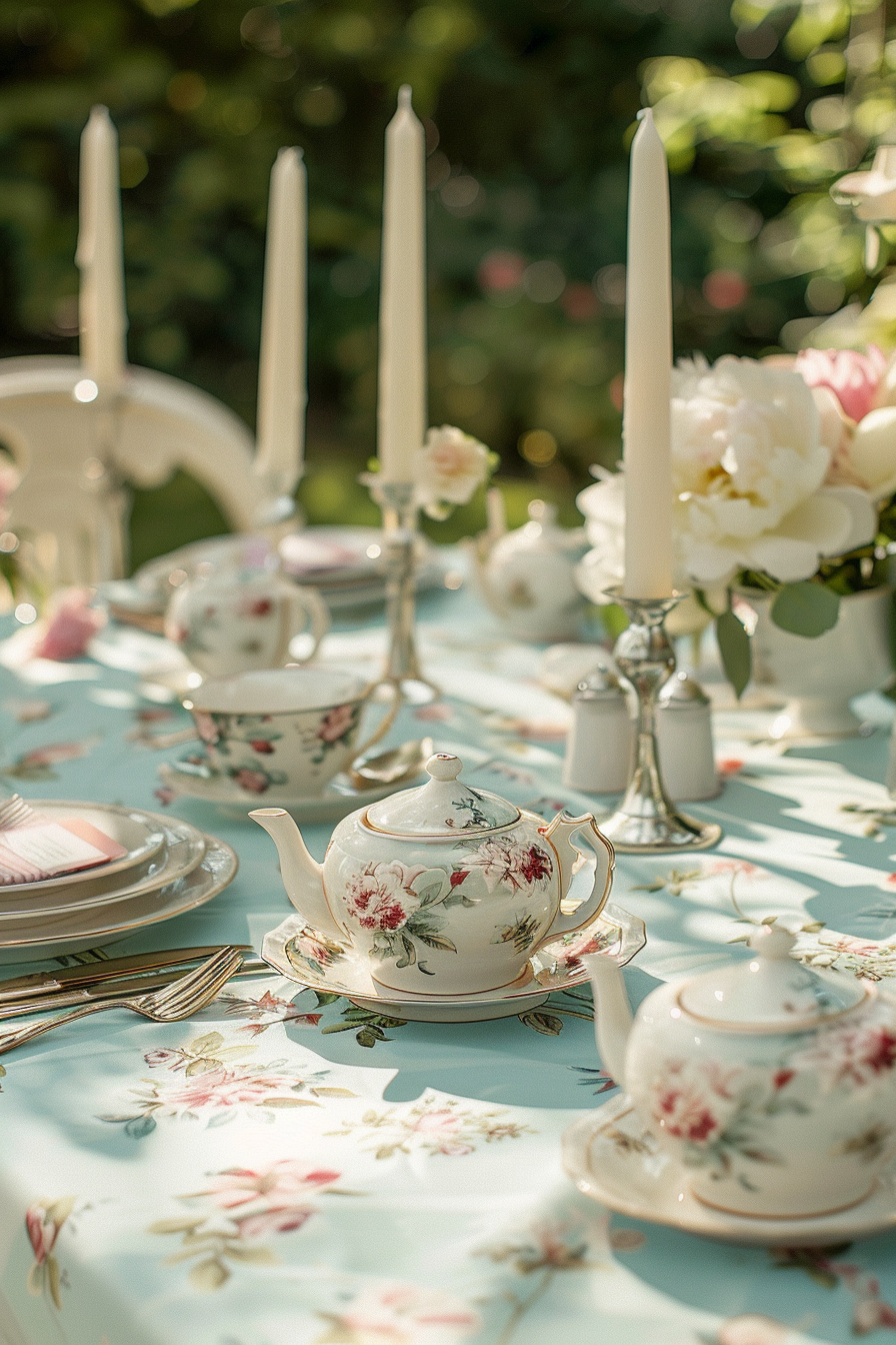 Retro wedding tablescape. Pastel tablecloth with vintage teapots and ivory candlesticks.