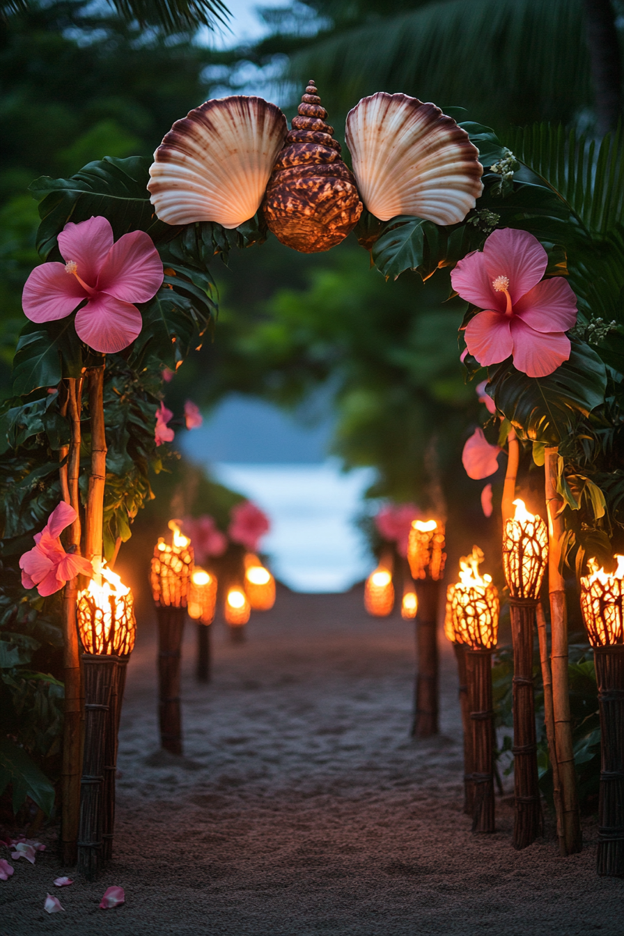 Wedding setup. Shell archway surrounded by tiki torches with floating pink hibiscus flowers.