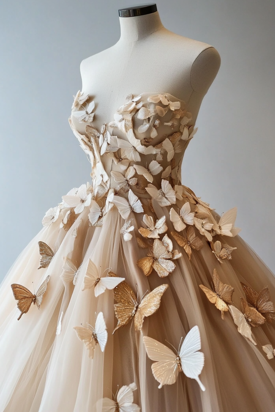 Wedding Ball Gown. Champagne tulle, cascading butterfly appliques.