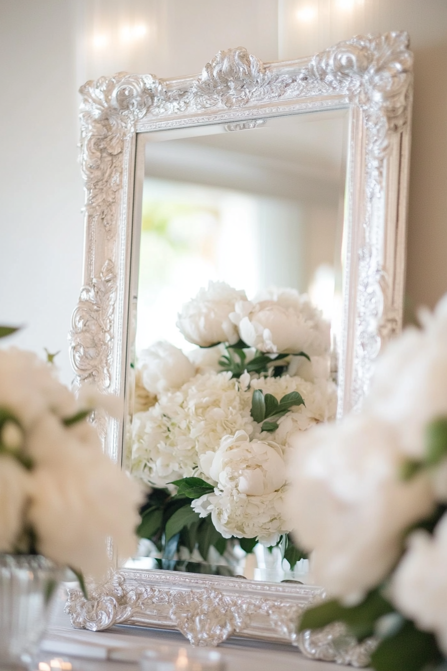 Wedding Entrance Display. Rectangular mirror with white peonies frames and silver metallic calligraphy.