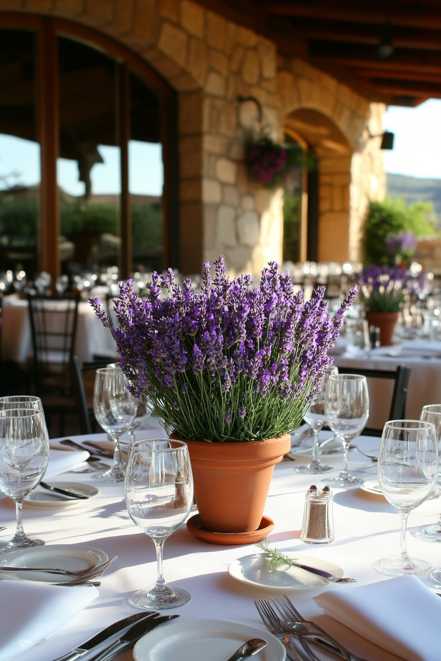 Wedding reception setup. Lavender bouquet in clay pots as table centerpieces.