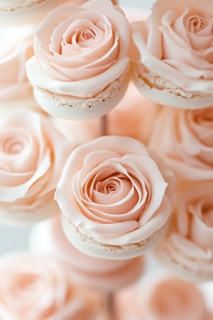 Wedding dessert display. French macarons tower adorned with pale pink handcrafted sugar roses.