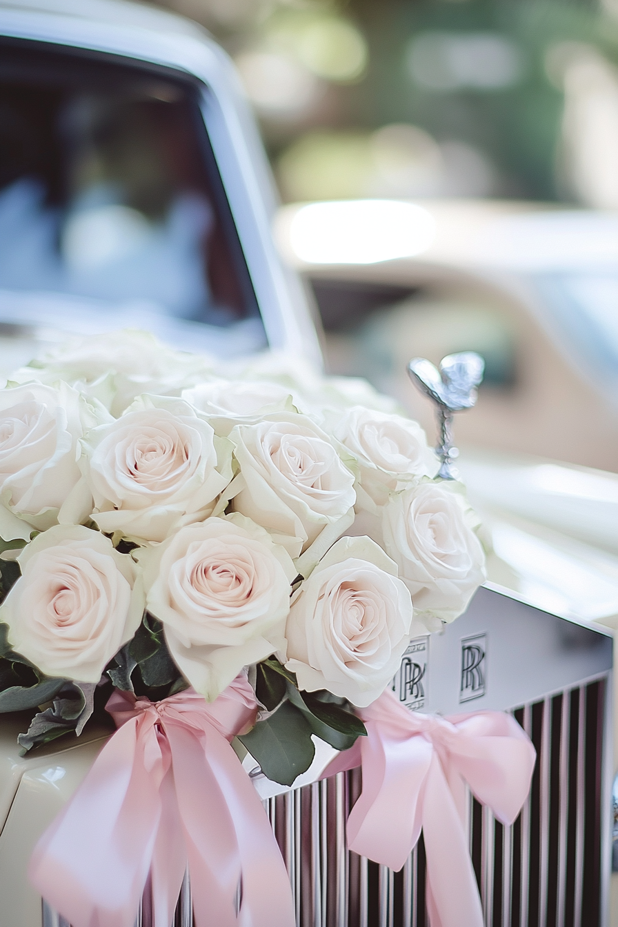 Wedding Transport. Vintage Rolls Royce embellished with white roses and soft pink ribbon streams.