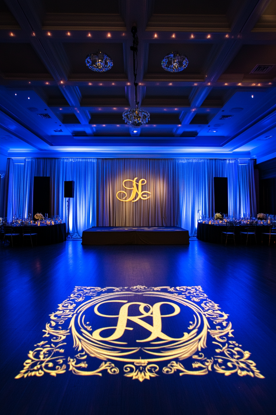 Wedding entertainment space. Marquee lettering with blue LED borders and gold monogram projection.