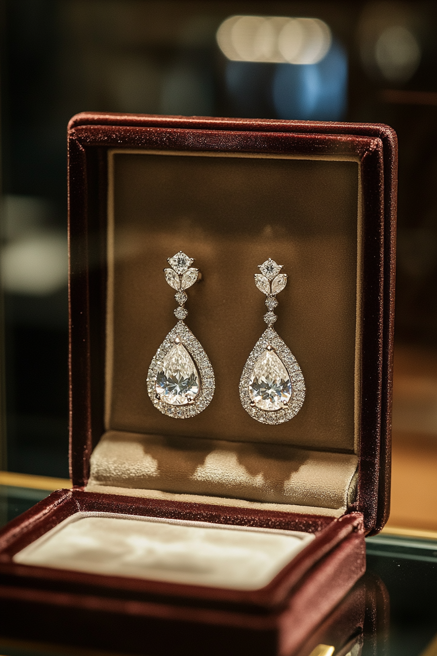 Wedding Jewelry Showcase. Velvet box with pear-shaped diamond earrings.