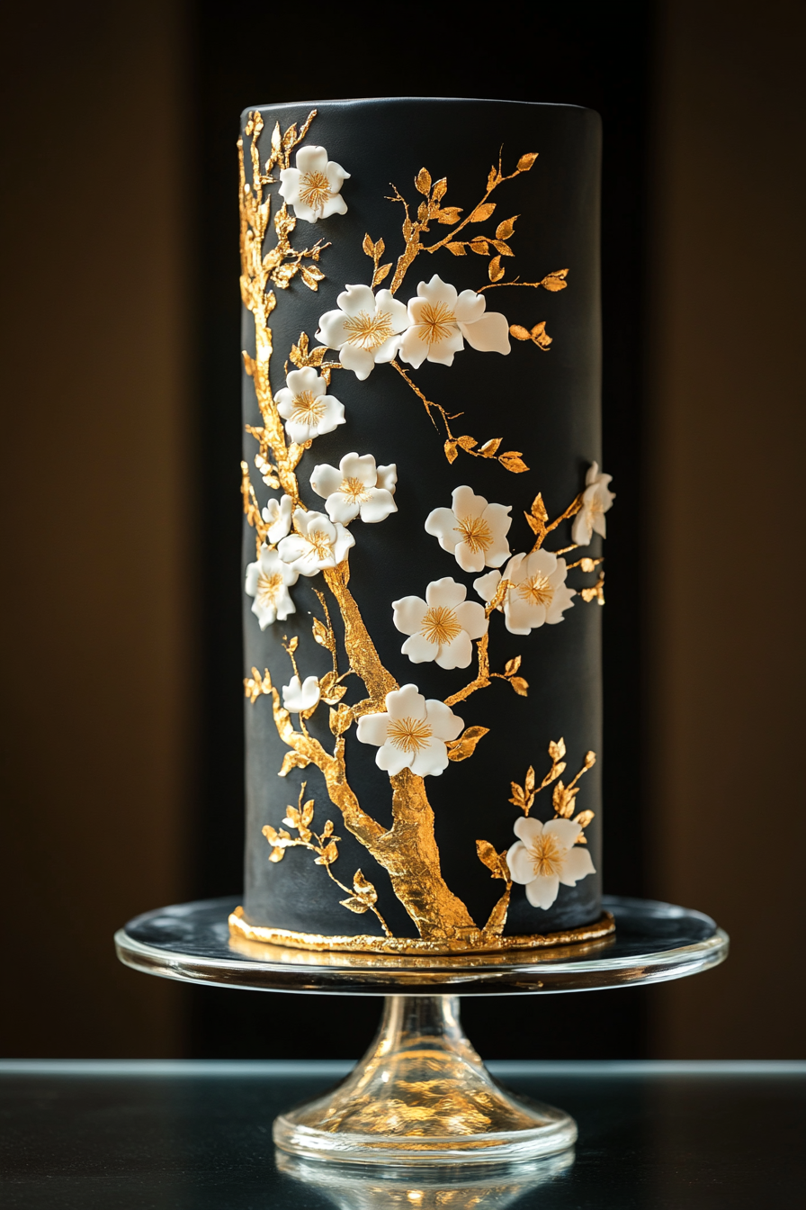 Wedding cake display. Hand-painted fondant with gold leaf accents on a glass pedestal.