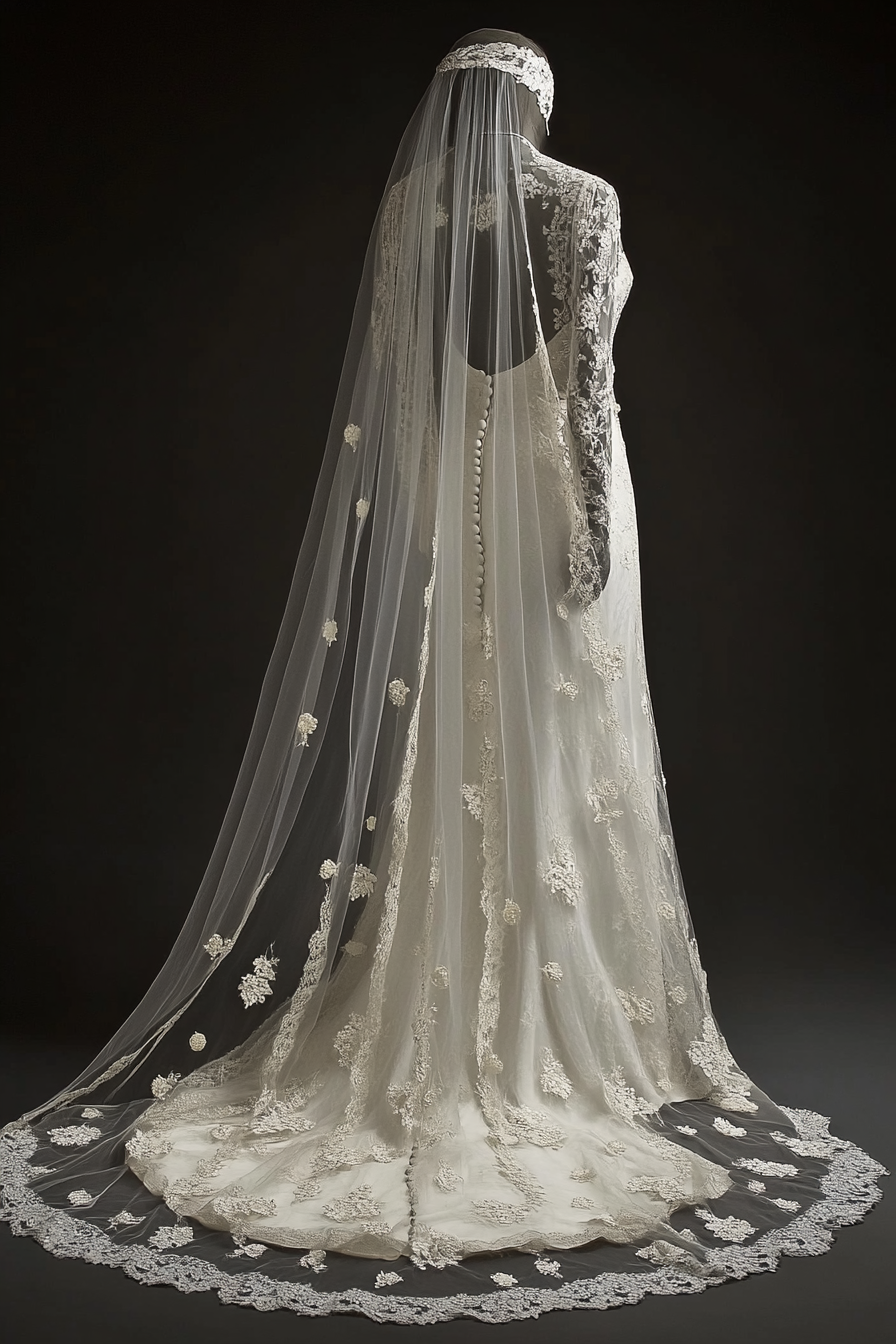 Wedding dress. Chantilly lace with pearl buttons and cathedral length veil.