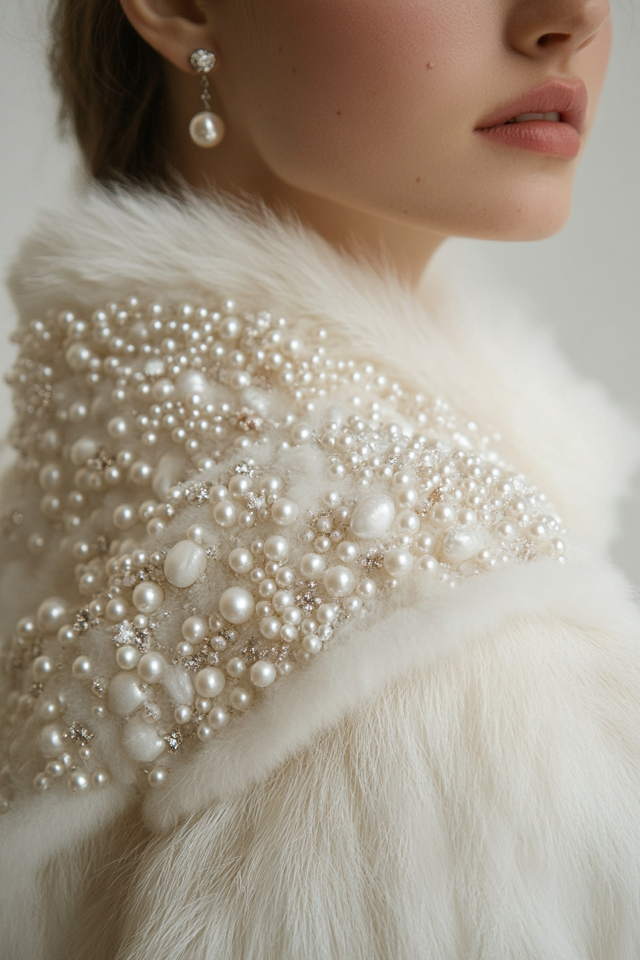 Wedding outerwear. White faux fur stole with pearl beading.