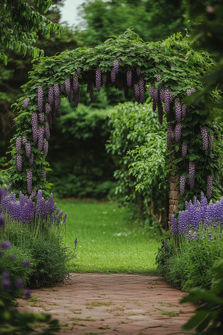 Wedding ceremony backdrop. Ivy-covered arch with purple lupines.