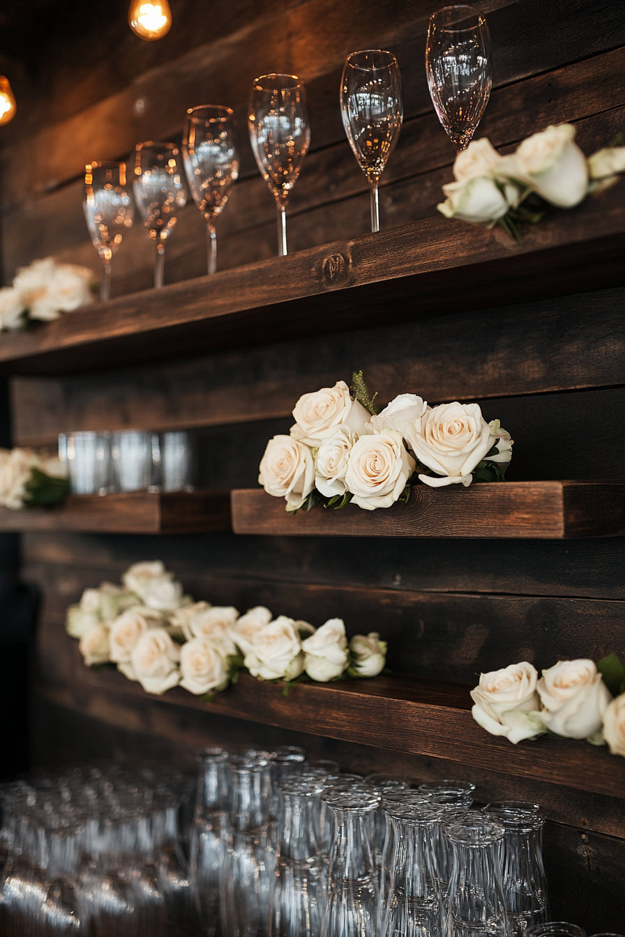 Bar Display. Dark wood floating shelves with off-white roses wound through, champagne glasses ready.