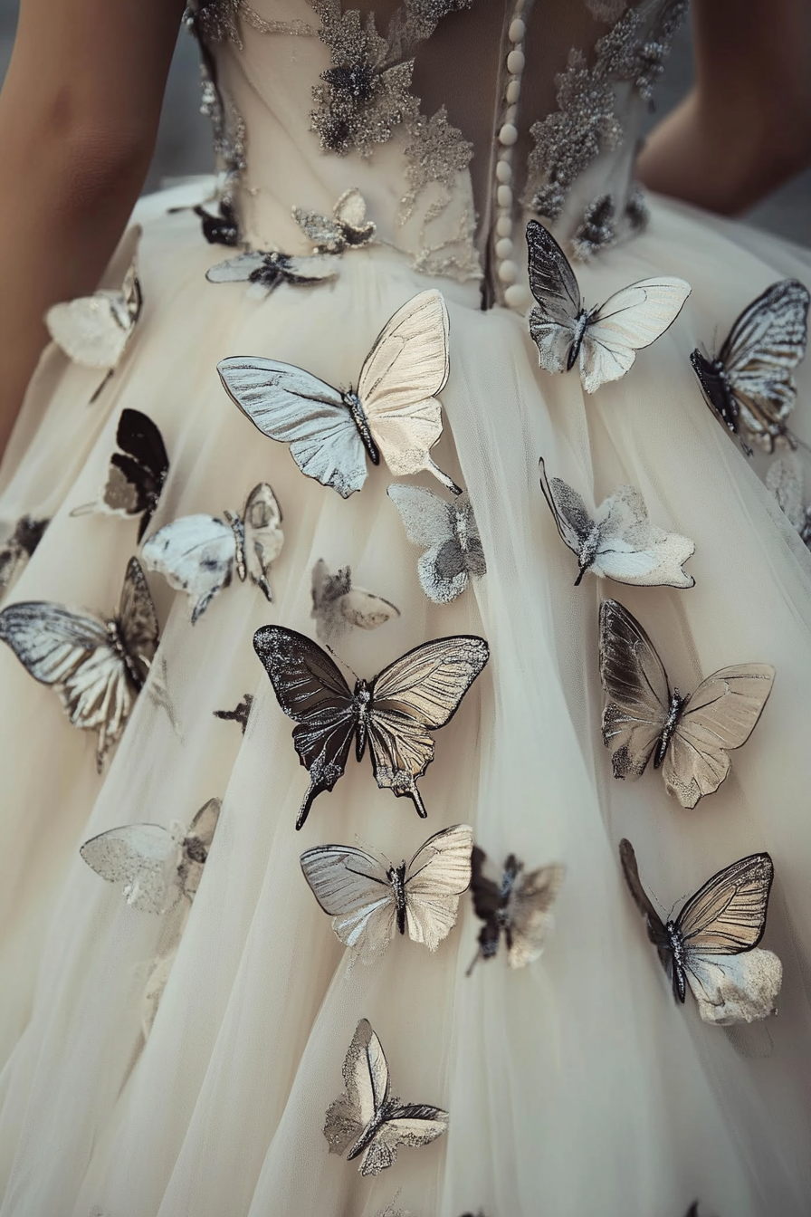 Wedding Ball Gown. Ivory tulle layering with silver butterfly appliques.