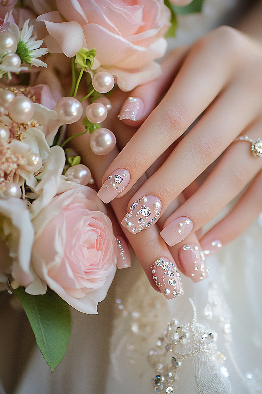 Wedding day manicure. Blush pink polish with pearl accents and crystal tips.