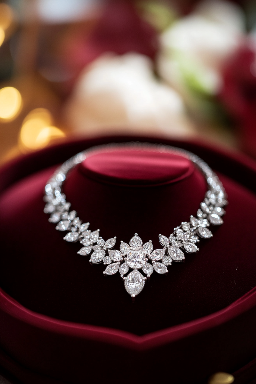 Wedding jewelry showcase. Diamond necklace atop burgundy velvet box.