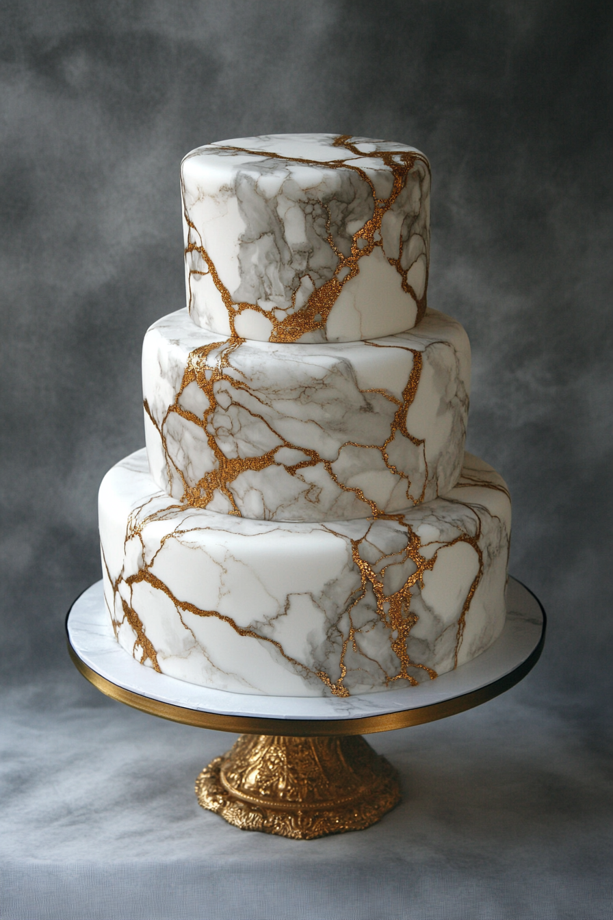 Wedding cake design. Marble base layer with intricate gold veining.