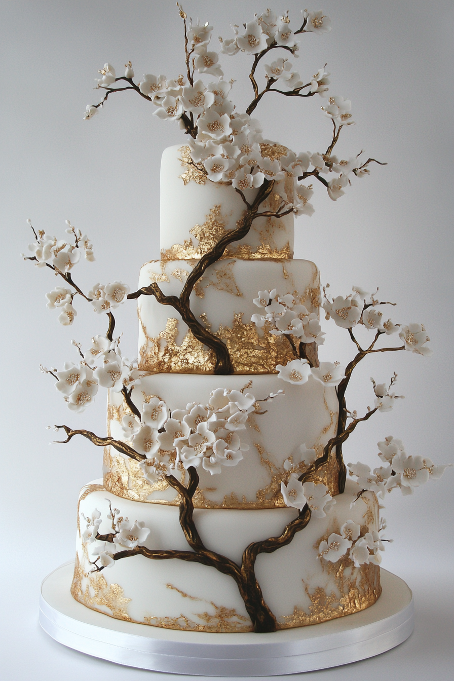 Wedding cake display. Hand-painted white fondant with applied gold leaf.