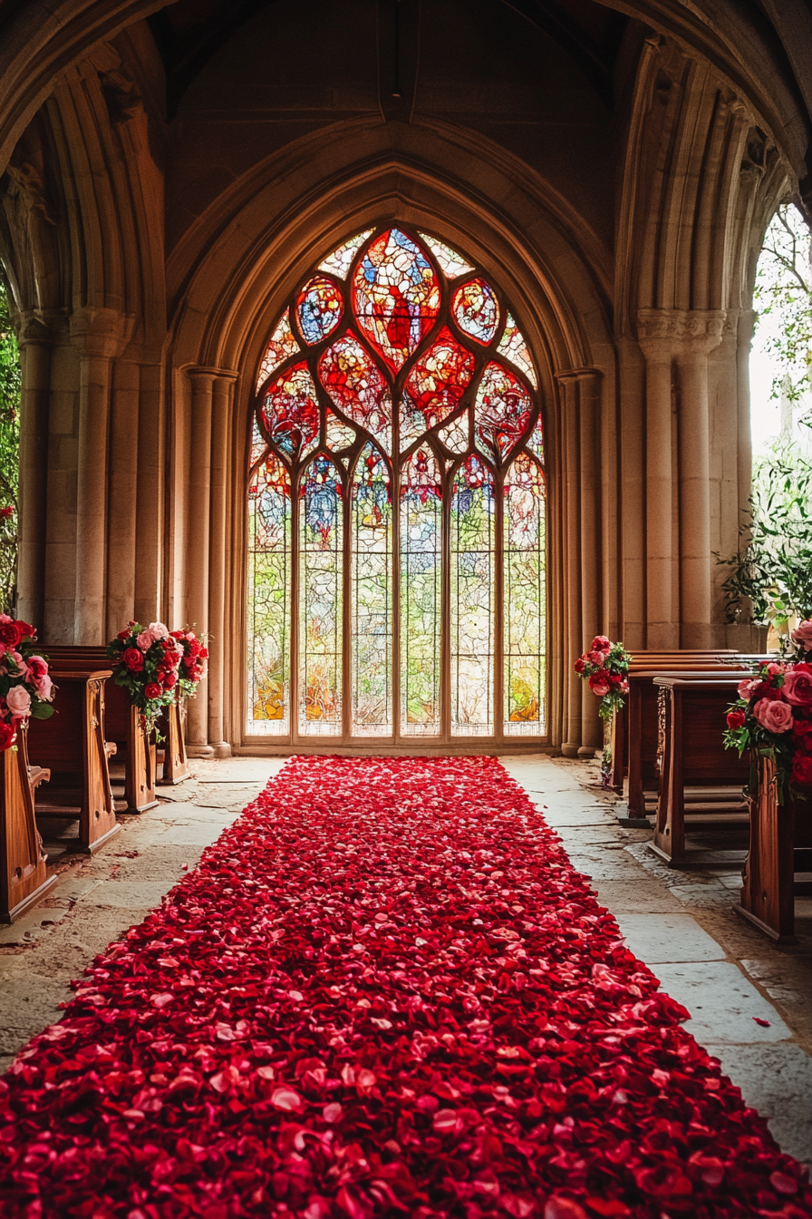 Wedding ceremony setting. Rose petal carpeted pathway under a cathedral-style stained glass archway.