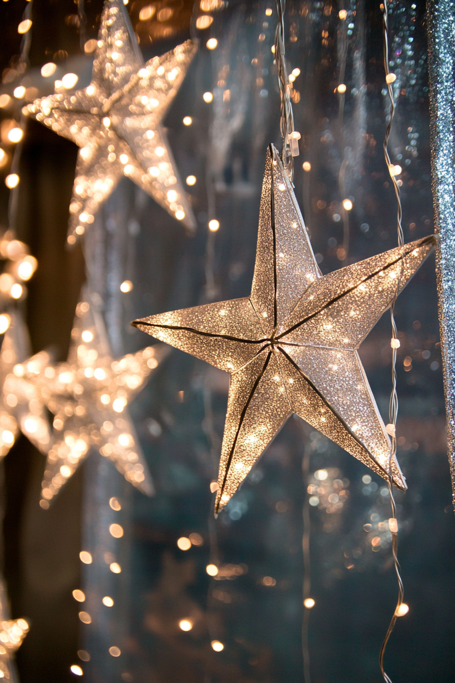 Wedding decor. Silver star motif backdrops with twinkle lights.