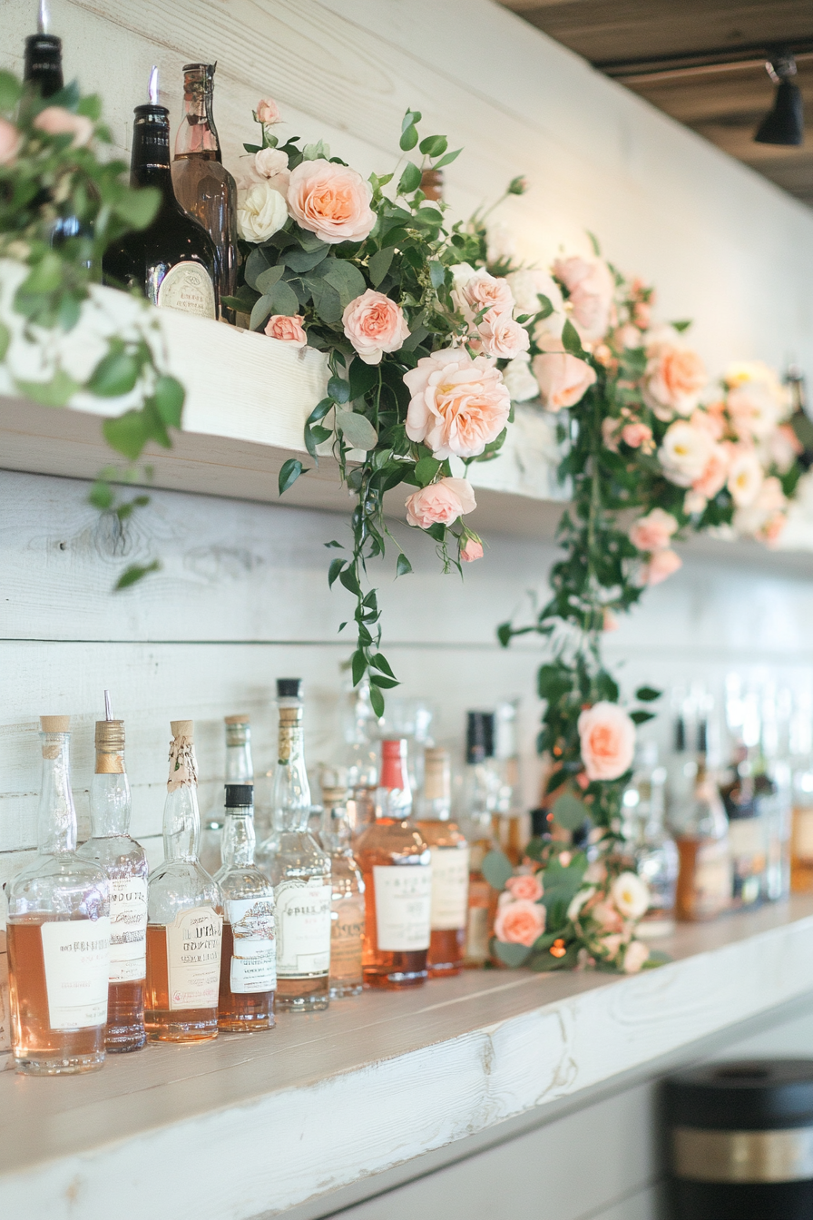 Wedding bar display. Whitewashed floating shelves adorned with blush rose floral garlands.