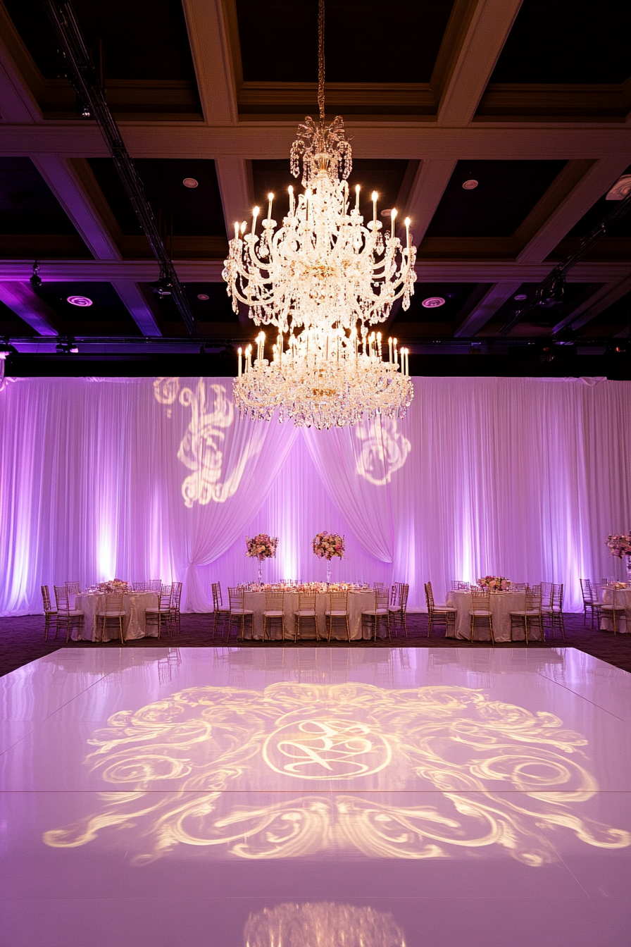 Wedding entertainment space. Crystal chandelier, LED illuminated dance floor, gold monogram projection.