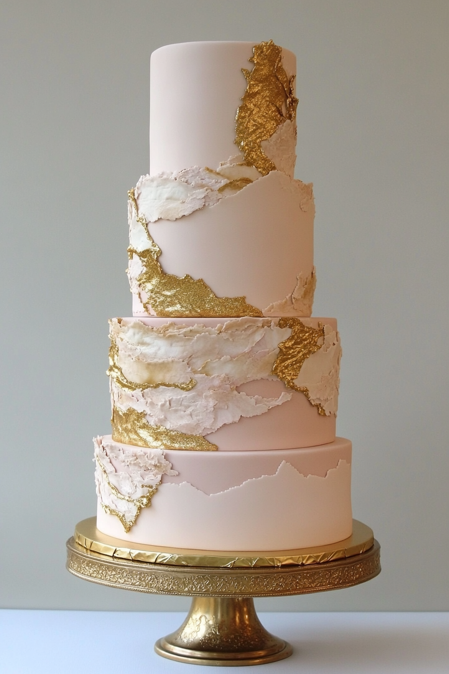 Wedding cake design. Blush pink fondant, gold veining, metallic gold tier.